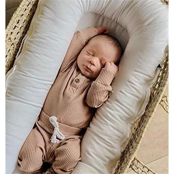 Baby Knitted Cotton Long Sleeve Romper Long Pants Solid Color Fall Winter Outfit - Picture 7 of 8